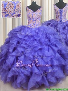 Vintage Floor Length Lavender Quinceanera Dresses V-neck Sleeveless Lace Up