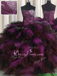 Glamorous Floor Length Lace Up Quinceanera Gown Fuchsia and In forMilitary Ball and Sweet 16 and Quinceanera withBeading and Ruffles and Ruffled Layers