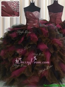 Excellent Sweetheart Sleeveless Quinceanera Dresses Floor Length Beading and Ruffles and Ruffled Layers Wine Red Organza