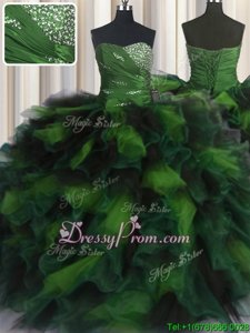 Customized Olive Green Ball Gowns Organza Sweetheart Sleeveless Beading and Ruffles Floor Length Lace Up Quinceanera Gowns