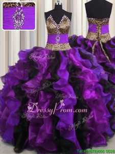Nice Multi-color V-neck Neckline Beading and Ruffles Sweet 16 Dress Sleeveless Lace Up