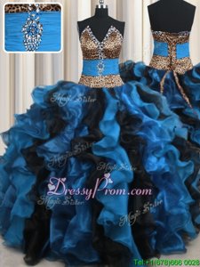 Spectacular Blue And Black Sweet 16 Dress Military Ball and Sweet 16 and Quinceanera and For withBeading and Ruffles V-neck Sleeveless Lace Up