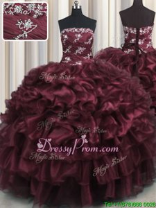 Wine Red Ball Gowns Appliques and Ruffles and Ruffled Layers 15 Quinceanera Dress Lace Up Organza Sleeveless Floor Length