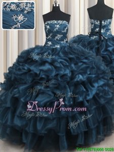 Nice Navy Blue Strapless Neckline Appliques and Ruffles and Ruffled Layers Sweet 16 Quinceanera Dress Sleeveless Lace Up