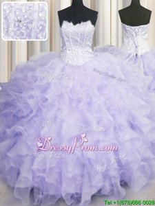 Fancy Floor Length Lavender Ball Gown Prom Dress Organza Sleeveless Spring and Summer and Fall and Winter Beading and Ruffles