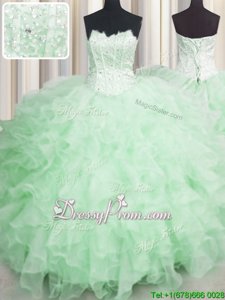 Apple Green Sleeveless Floor Length Beading and Ruffles Lace Up Ball Gown Prom Dress