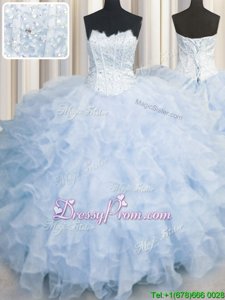 Deluxe Sleeveless Organza Floor Length Lace Up Vestidos de Quinceanera inLavender forSpring and Summer and Fall and Winter withRuffles