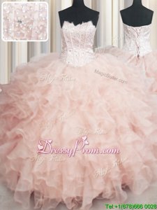 Cheap Sweetheart Sleeveless Sweet 16 Dress Floor Length Beading and Ruffles Peach Organza