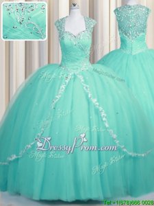 Flare Cap Sleeves Brush Train Beading and Appliques Zipper Quinceanera Dress