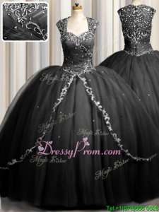 Enchanting Black Ball Gowns Sweetheart Cap Sleeves Tulle With Brush Train Zipper Beading and Appliques Quinceanera Gowns