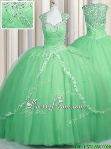 Ideal Apple Green Ball Gowns Sweetheart Cap Sleeves Tulle With Brush Train Zipper Beading and Appliques Quinceanera Gown