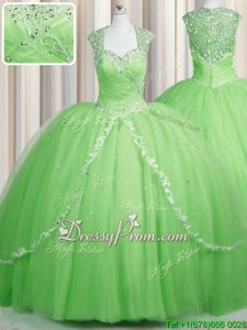 Wonderful Spring Green Tulle Zipper 15 Quinceanera Dress Cap Sleeves With Brush Train Beading and Appliques