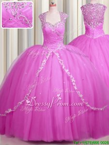 Custom Fit Hot Pink Cap Sleeves With Train Beading and Appliques Zipper Quinceanera Gowns
