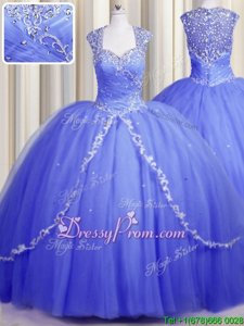 Noble Lavender Zipper Quince Ball Gowns Beading and Appliques Cap Sleeves With Brush Train