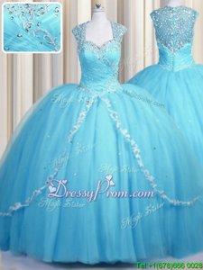 Flare Cap Sleeves Brush Train Zipper With Train Beading and Appliques Quince Ball Gowns