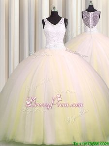 Custom Design With Train Ball Gowns Sleeveless Light Yellow 15th Birthday Dress Brush Train Zipper