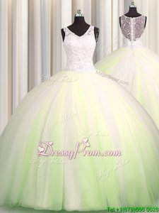 Dazzling Yellow Green Sleeveless Tulle Brush Train Zipper Sweet 16 Dresses forMilitary Ball and Sweet 16 and Quinceanera