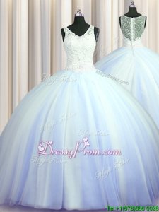Best With Train Baby Blue Quinceanera Gown Tulle Brush Train Sleeveless Spring and Summer and Fall and Winter Beading and Appliques