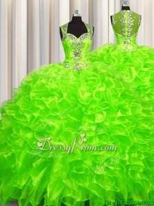 Noble Spring Green Zipper Quinceanera Gown Beading Sleeveless With Brush Train