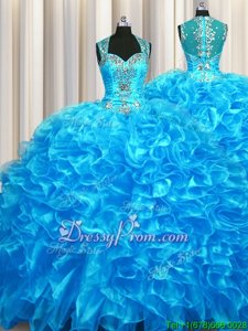 Hot Sale Baby Blue Zipper Vestidos de Quinceanera Beading and Ruffles Sleeveless With Train