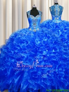 Fashion Organza Straps Sleeveless Sweep Train Zipper Beading and Ruffles Ball Gown Prom Dress inRoyal Blue