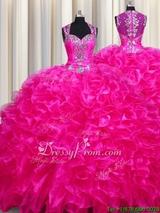 Superior With Train Zipper Quinceanera Dress Fuchsia and In forMilitary Ball and Sweet 16 and Quinceanera withBeading and Ruffles Sweep Train