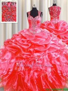 Exceptional Coral Red Ball Gowns Organza Straps Sleeveless Beading and Ruffles Floor Length Zipper 15 Quinceanera Dress Sweep Train