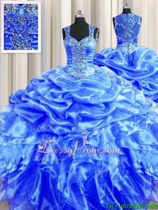 High Class Sleeveless Organza Floor Length Zipper Sweet 16 Dress inBlue forSpring and Summer and Fall and Winter withBeading and Ruffles and Pick Ups