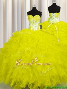 Sexy Yellow Sweetheart Lace Up Appliques and Ruffles Ball Gown Prom Dress Sleeveless