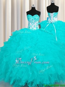 Fantastic Aqua Blue Organza Lace Up 15th Birthday Dress Sleeveless Floor Length Appliques and Ruffles