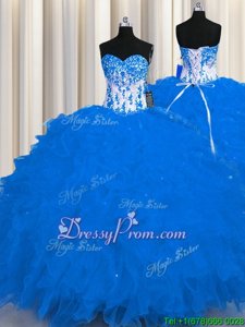 New Style Sleeveless Floor Length Appliques and Ruffles Lace Up Quinceanera Dresses with Royal Blue