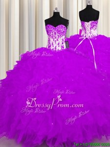 Chic Floor Length Lace Up Sweet 16 Dress Purple and In forMilitary Ball and Sweet 16 and Quinceanera withAppliques and Ruffles