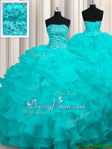 Gorgeous Aqua Blue Ball Gowns Organza Strapless Sleeveless Beading and Ruffles With Train Lace Up 15 Quinceanera Dress Sweep Train