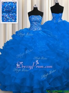 Romantic Spring and Summer and Fall and Winter Organza Sleeveless With Train Quinceanera Gowns Sweep Train andBeading and Ruffles