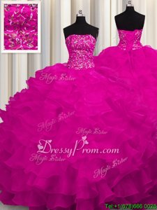 Custom Fit Fuchsia Sleeveless Sweep Train Beading and Ruffles With Train Ball Gown Prom Dress