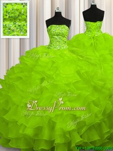 Admirable Yellow Green Strapless Neckline Beading and Ruffles Sweet 16 Dress Sleeveless Lace Up