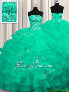 Super Turquoise Organza Lace Up Sweet 16 Quinceanera Dress Sleeveless With Train Sweep Train Beading and Ruffles