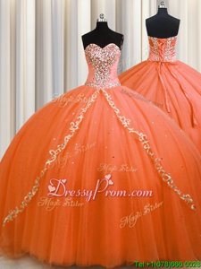 Fitting Sweetheart Sleeveless Tulle Ball Gown Prom Dress Beading Brush Train Lace Up