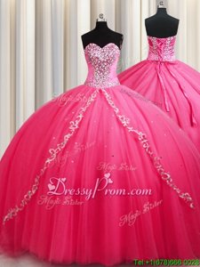 Custom Made Sleeveless With Train Beading Lace Up Quinceanera Dress with Hot Pink Brush Train