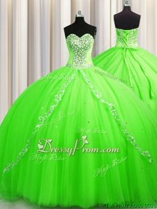 Gorgeous Spring Green Tulle Lace Up Sweetheart Sleeveless With Train Vestidos de Quinceanera Brush Train Beading
