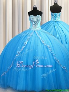 Best Baby Blue Tulle Lace Up Sweetheart Sleeveless With Train Quinceanera Gown Brush Train Beading