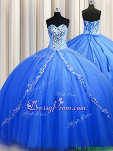 Flirting Sleeveless Brush Train Lace Up With Train Beading Quinceanera Gowns