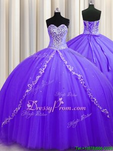 Dramatic Tulle Sweetheart Sleeveless Sweep Train Lace Up Beading Quinceanera Dress inLavender