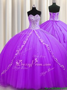 Custom Designed Sweetheart Sleeveless Sweet 16 Dress With Train Sweep Train Beading Purple Tulle