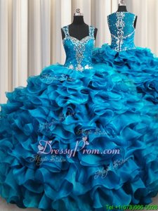 Custom Made Baby Blue Sleeveless Organza Zipper Quinceanera Gown forMilitary Ball and Sweet 16 and Quinceanera