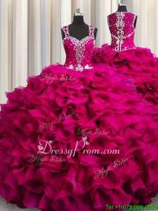 Pretty Sleeveless Floor Length Beading and Ruffles Zipper Sweet 16 Dress with Fuchsia