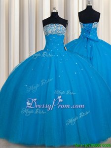 Dynamic Ball Gowns Vestidos de Quinceanera Teal Strapless Tulle Sleeveless Floor Length Lace Up