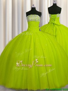 Discount Strapless Sleeveless 15 Quinceanera Dress Floor Length Beading and Sequins Yellow Green Organza