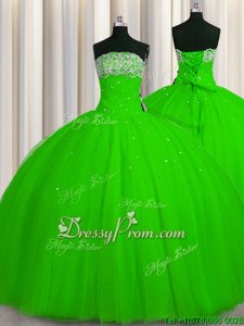 Fashionable Beading and Sequins 15th Birthday Dress Spring Green Lace Up Sleeveless Floor Length