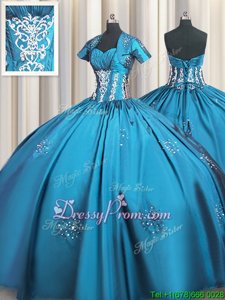 Low Price Beading and Appliques and Ruching Quince Ball Gowns Teal Lace Up Short Sleeves Floor Length